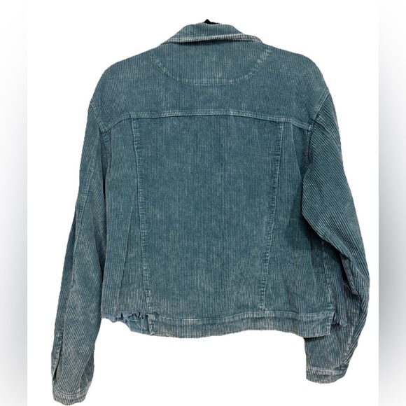 POL Blue Button Down Corduroy Trucker Jacket with Raw Hem Teal, Size Medium - Picture 3 of 12